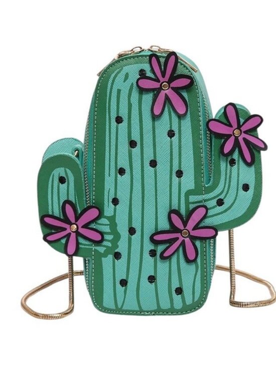 Unbranded Handbags - Small Green Figural Saguaro Cactus Shaped Chain Crossbody Bag Flowers New